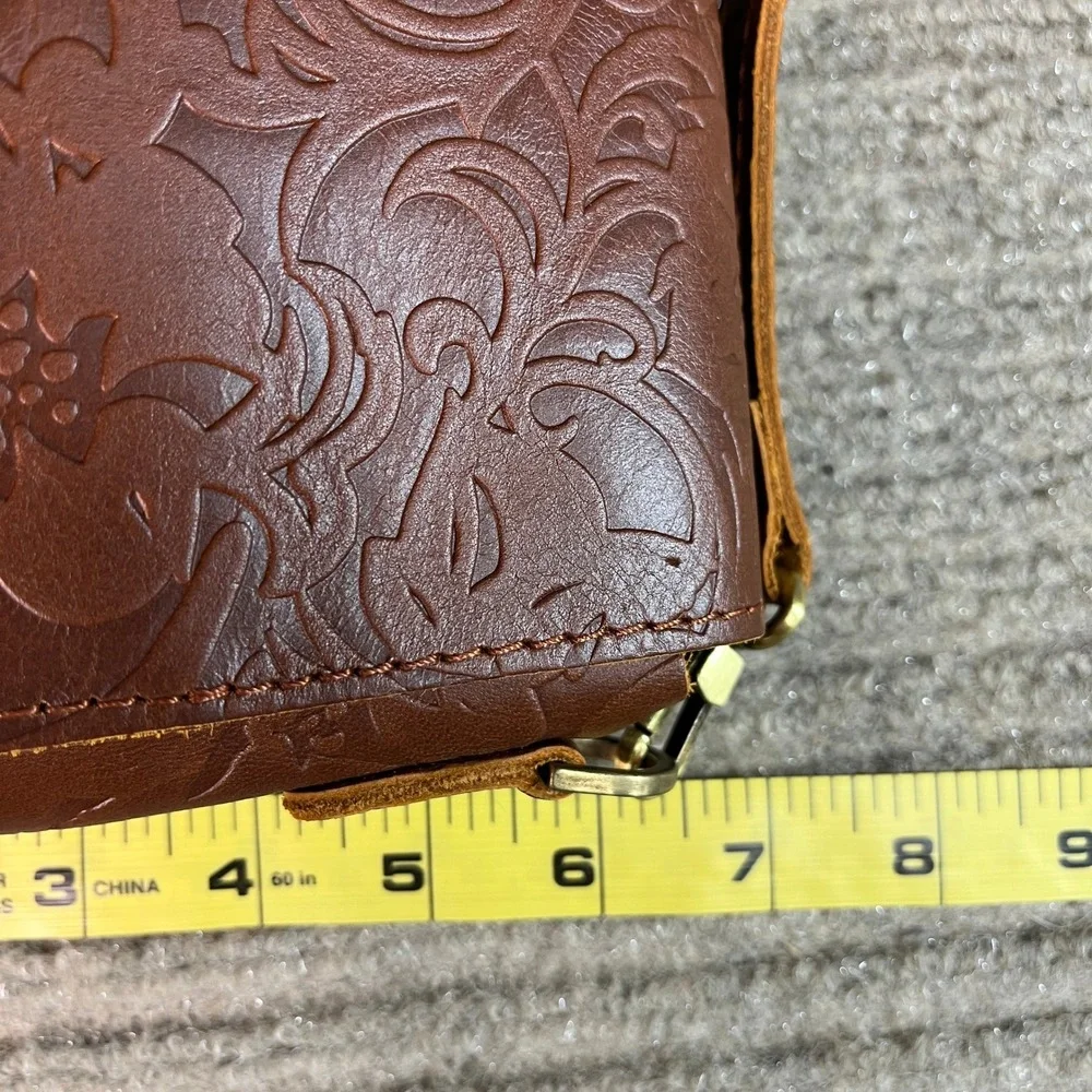 Portland Leather Goods Floral Embossed Leather Crossbody Bag Cognac Brown Small